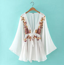 BOHO Pineapple Flower Embroidery Dress Women Beach Deep V neck Long sleeve Dresses Casual Dress White Black S M L