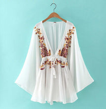 BOHO Pineapple Flower Embroidery Dress Women Beach Deep V neck Long sleeve Dresses Casual Dress White Black S M L