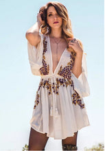 BOHO Pineapple Flower Embroidery Dress Women Beach Deep V neck Long sleeve Dresses Casual Dress White Black S M L