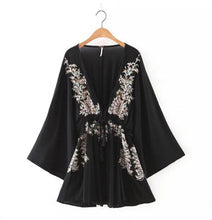 BOHO Pineapple Flower Embroidery Dress Women Beach Deep V neck Long sleeve Dresses Casual Dress White Black S M L