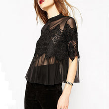 Back Open Sexy Blouses For Women Black White Embroidery Lace Blouse Tops Half Sleeve Patchwork Chiffon Blouses And Shirts