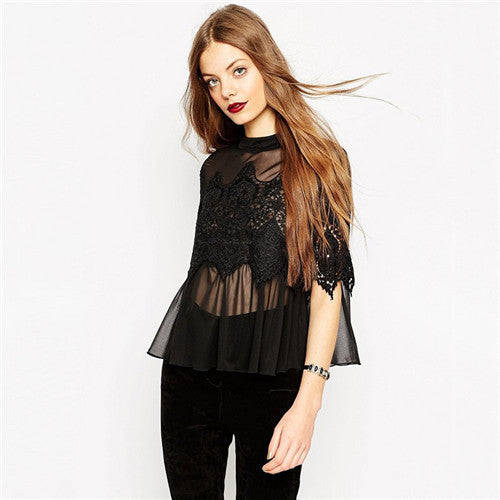 Back Open Sexy Blouses For Women Black White Embroidery Lace Blouse Tops Half Sleeve Patchwork Chiffon Blouses And Shirts