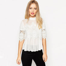 Back Open Sexy Blouses For Women Black White Embroidery Lace Blouse Tops Half Sleeve Patchwork Chiffon Blouses And Shirts