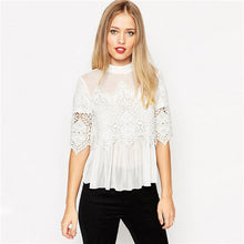 Back Open Sexy Blouses For Women Black White Embroidery Lace Blouse Tops Half Sleeve Patchwork Chiffon Blouses And Shirts