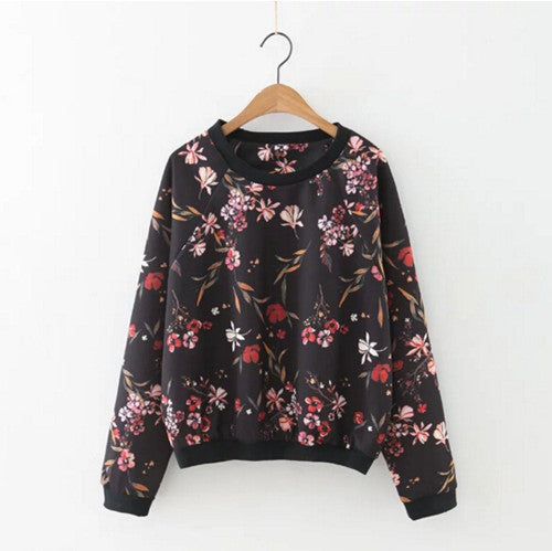 Black Contrast color Floral Print Sweatshirt Retro Women O neck Long Sleeve Loose Jumper Pullovers femme Tops