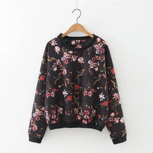 Black Contrast color Floral Print Sweatshirt Retro Women O neck Long Sleeve Loose Jumper Pullovers femme Tops