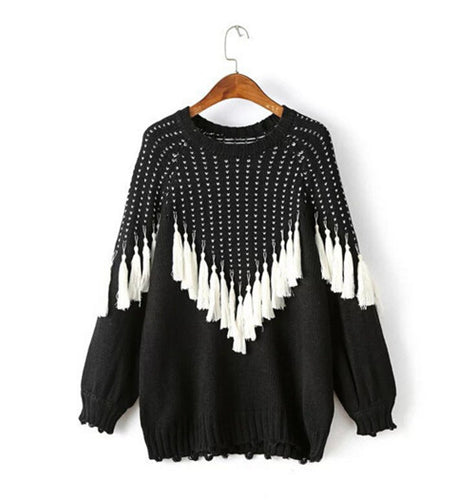 Black White Tassel Knitted Jumper Pullovers Women Wave Fringed kleding mujer pull femme Sweaters Knitwear