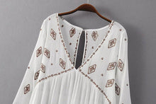 Bohemia Beach V neck Geometric Embroidery Dress Woman Flare Sleeve Blouse Camisa blusas Dress Black White color