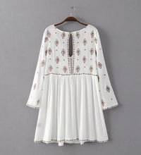 Bohemia Beach V neck Geometric Embroidery Dress Woman Flare Sleeve Blouse Camisa blusas Dress Black White color