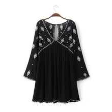 Bohemia Beach V neck Geometric Embroidery Dress Woman Flare Sleeve Blouse Camisa blusas Dress Black White color