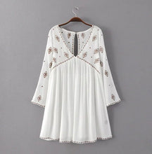 Bohemia Beach V neck Geometric Embroidery Dress Woman Flare Sleeve Blouse Camisa blusas Dress Black White color