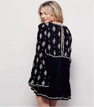 Bohemia Beach V neck Geometric Embroidery Dress Woman Flare Sleeve Blouse Camisa blusas Dress Black White color