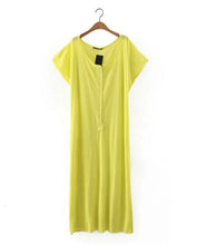 Bohemia Knitted Cotton Extra Long Dress Shirt Women Buttons Short sleeve Side Slit Mid long Dresses Casual Tops 3 color