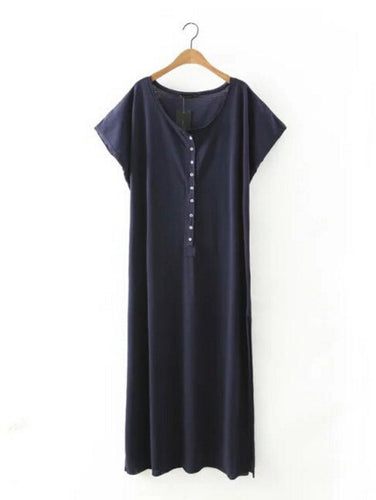 Bohemia Knitted Cotton Extra Long Dress Shirt Women Buttons Short sleeve Side Slit Mid long Dresses Casual Tops 3 color