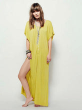 Bohemia Knitted Cotton Extra Long Dress Shirt Women Buttons Short sleeve Side Slit Mid long Dresses Casual Tops 3 color