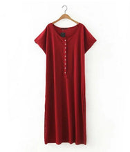 Bohemia Knitted Cotton Extra Long Dress Shirt Women Buttons Short sleeve Side Slit Mid long Dresses Casual Tops 3 color