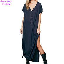 Bohemia Knitted Cotton Extra Long Dress Shirt Women Buttons Short sleeve Side Slit Mid long Dresses Casual Tops 3 color