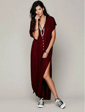 Bohemia Knitted Cotton Extra Long Dress Shirt Women Buttons Short sleeve Side Slit Mid long Dresses Casual Tops 3 color
