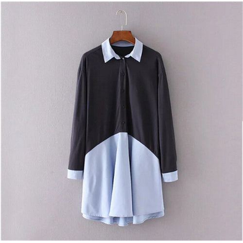 Buttons blue black Long Blouses Dress Woman Lapel Pullover Spliced Short dress chemise blusas shirt tops vetement camisa