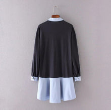 Buttons blue black Long Blouses Dress Woman Lapel Pullover Spliced Short dress chemise blusas shirt tops vetement camisa