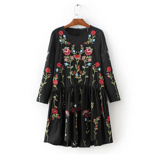 Colored Flower Embroidery Dress Woman O Neck Long sleeve Short Dresses Femme Black Loose Dress s m l