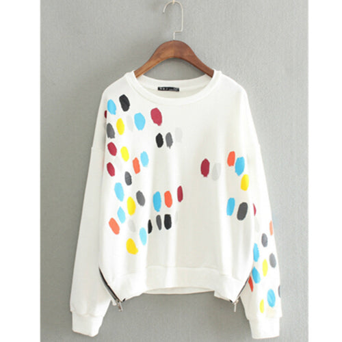 Colored Polka Dot Print Zipper Side Long Sleeve Sweatshirt Women O neck Pullover Hoodies Casual Jumper Sweats Tops White