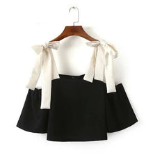 Contrast color Lacing up off shoulder Pullover Shirt Women Spliced Slash collar Bow Blouse Tops Black