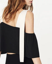 Contrast color Lacing up off shoulder Pullover Shirt Women Spliced Slash collar Bow Blouse Tops Black