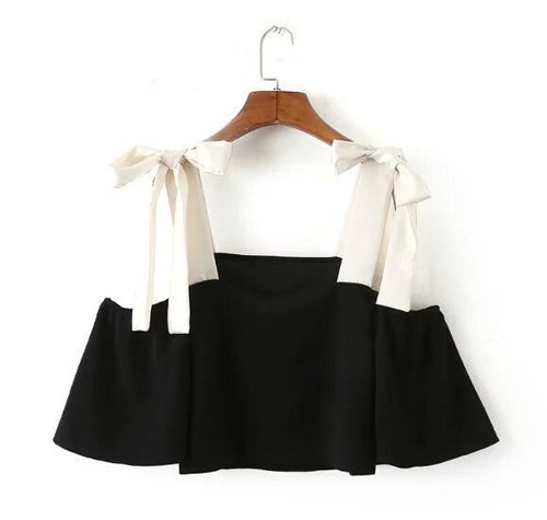 Contrast color Lacing up off shoulder Pullover Shirt Women Spliced Slash collar Bow Blouse Tops Black