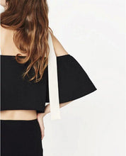 Contrast color Lacing up off shoulder Pullover Shirt Women Spliced Slash collar Bow Blouse Tops Black