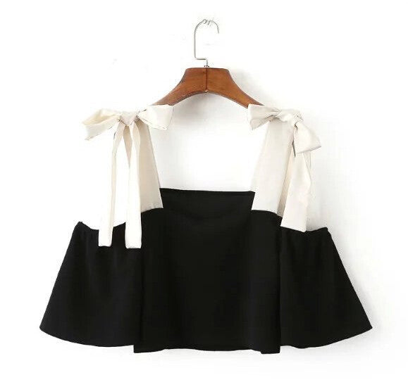 Contrast color Lacing up off shoulder Pullover Shirt Women Spliced Slash collar Bow Blouse Tops Black
