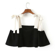 Contrast color Lacing up off shoulder Pullover Shirt Women Spliced Slash collar Bow Blouse Tops Black