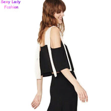 Contrast color Lacing up off shoulder Pullover Shirt Women Spliced Slash collar Bow Blouse Tops Black