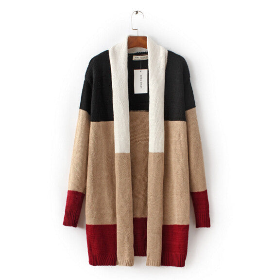 Contrast color Striped Cardigan Sweater Women Lapel Collar Loose Long Sweater Coat Jumper Tops Femme Knitwear