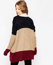 Contrast color Striped Cardigan Sweater Women Lapel Collar Loose Long Sweater Coat Jumper Tops Femme Knitwear