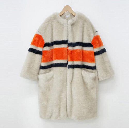 Contrast color Striped Hairy Shaggy Long Faux Fur Coat Women O neck Faux Mink Fur Long Coats Warm Outerwear