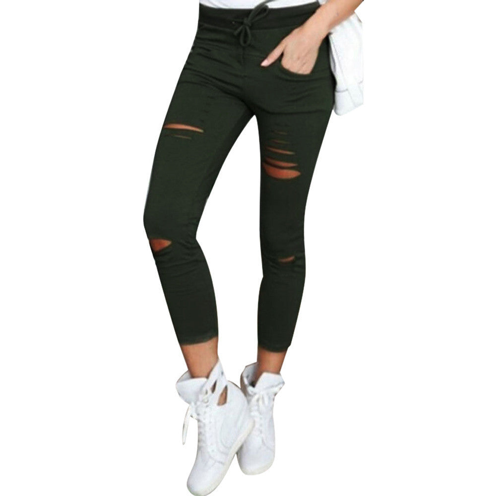 Cotton Ankle-Length Pants Women Skinny Hole Ripped Pants High Waist Stretch Slim Pencil Trousers Plus Size S-XXL