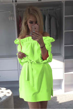 Cute Ruffles Slash Neck Bow Belt Pin Up Dress Women Neon Green Dress Puff Sleeve Short Dress Women Dress LX125-1