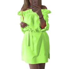 Cute Ruffles Slash Neck Bow Belt Pin Up Dress Women Neon Green Dress Puff Sleeve Short Dress Women Dress LX125-1
