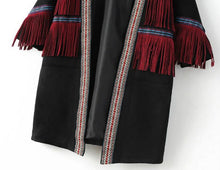 Embroidery Spliced Tassel Faux Suede Trench Ethnic women Red Fringed open Stitching Mid Long Windbreaker Coat Outerwear