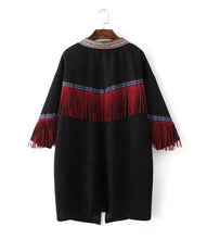 Embroidery Spliced Tassel Faux Suede Trench Ethnic women Red Fringed open Stitching Mid Long Windbreaker Coat Outerwear