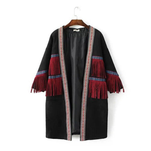 Embroidery Spliced Tassel Faux Suede Trench Ethnic women Red Fringed open Stitching Mid Long Windbreaker Coat Outerwear