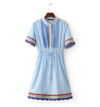 Ethnic Drawstring Embroidery Dress Woman O neck Spliced Contrast color Elastic Waist Short Sleeve Dresses A line