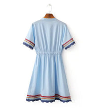 Ethnic Drawstring Embroidery Dress Woman O neck Spliced Contrast color Elastic Waist Short Sleeve Dresses A line