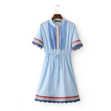 Ethnic Drawstring Embroidery Dress Woman O neck Spliced Contrast color Elastic Waist Short Sleeve Dresses A line