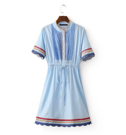 Ethnic Drawstring Embroidery Dress Woman O neck Spliced Contrast color Elastic Waist Short Sleeve Dresses A line