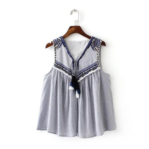 Ethnic Embroidery Beading Tassel Striped Shirt Women Strappy V neck Sleeveless Cardigan Blouse Tops blusas femme