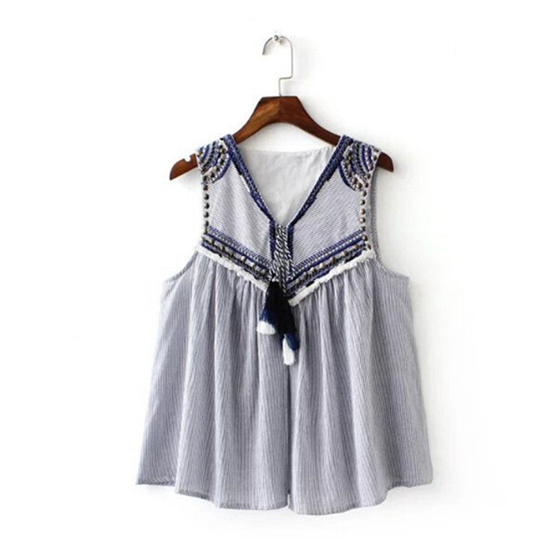 Ethnic Embroidery Beading Tassel Striped Shirt Women Strappy V neck Sleeveless Cardigan Blouse Tops blusas femme
