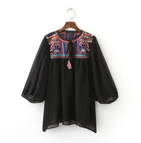 Ethnic Strappy V neck Embroidery Shirt Women 3/4 Bat sleeve Loose Pullover Dobby Blouse Tops blusas femme 2 color