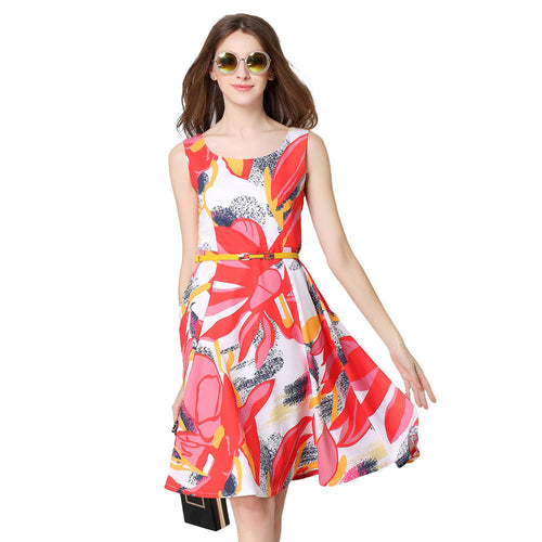 europe-women-elegant-dress-floral-print-dress-flower-sleeveless-o-neck-slim-lady-office-dress-with-belt-red BBL